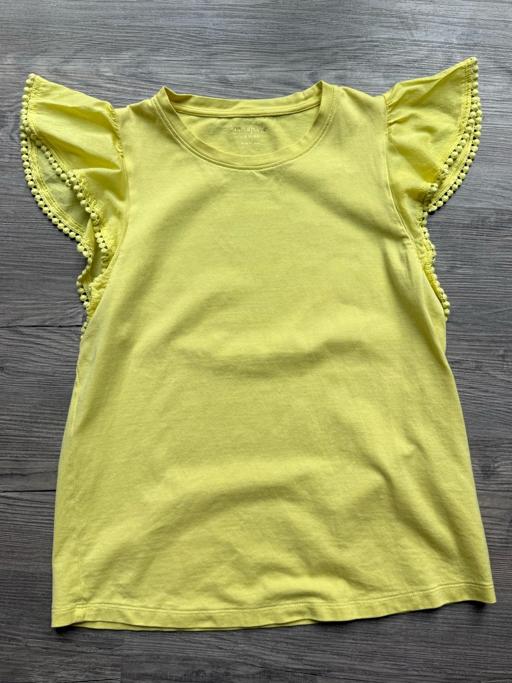 Kate Spade New York Bright Yellow Flutter Sleeve Pom Trim Top Size Small